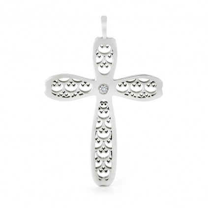 Croce Traforata in Argento, rifinitura Argentata con Brillante 0,10 Ct.